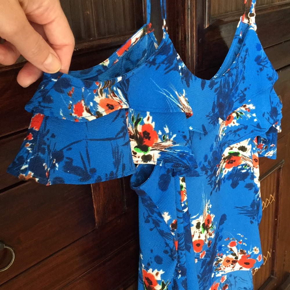 Bright Blue Flower Patterned Blouse with Ruffle - Picture 2 of 7